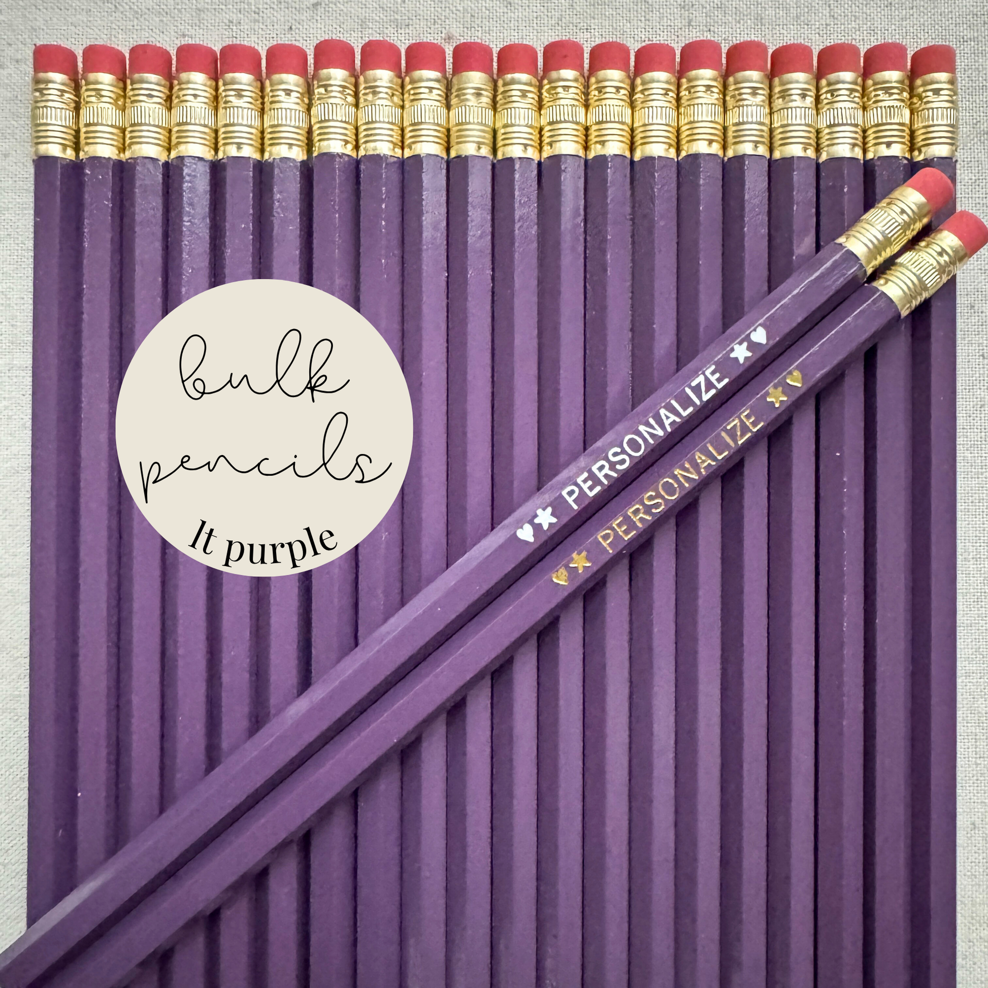 Light purple bulk personalized pencils flat lay in a box with custom text hand-pressed made in the USA for schools events and corporate orders