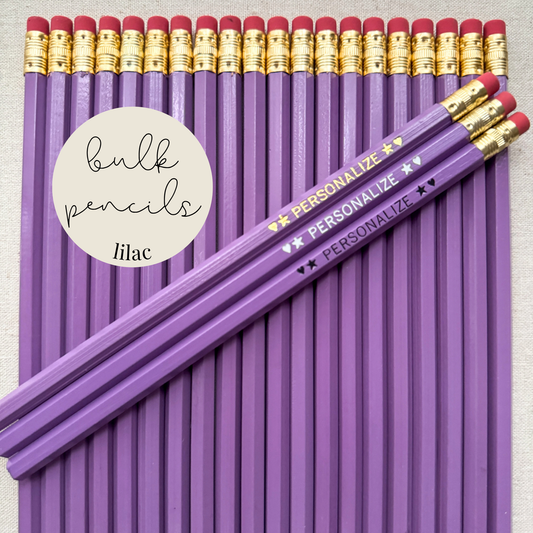 Lilac bulk personalized pencils flat lay in a box with custom text hand-pressed made in the USA for schools events and corporate orders