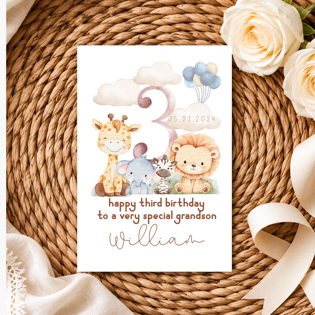 Personalized Safari Third Birthday Card for Grandson, Keepsake Card (Optional Gold Foil)