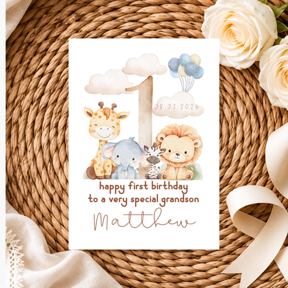Personalized Safari First Birthday Card for Grandson, Keepsake Card (Optional Gold Foil)
