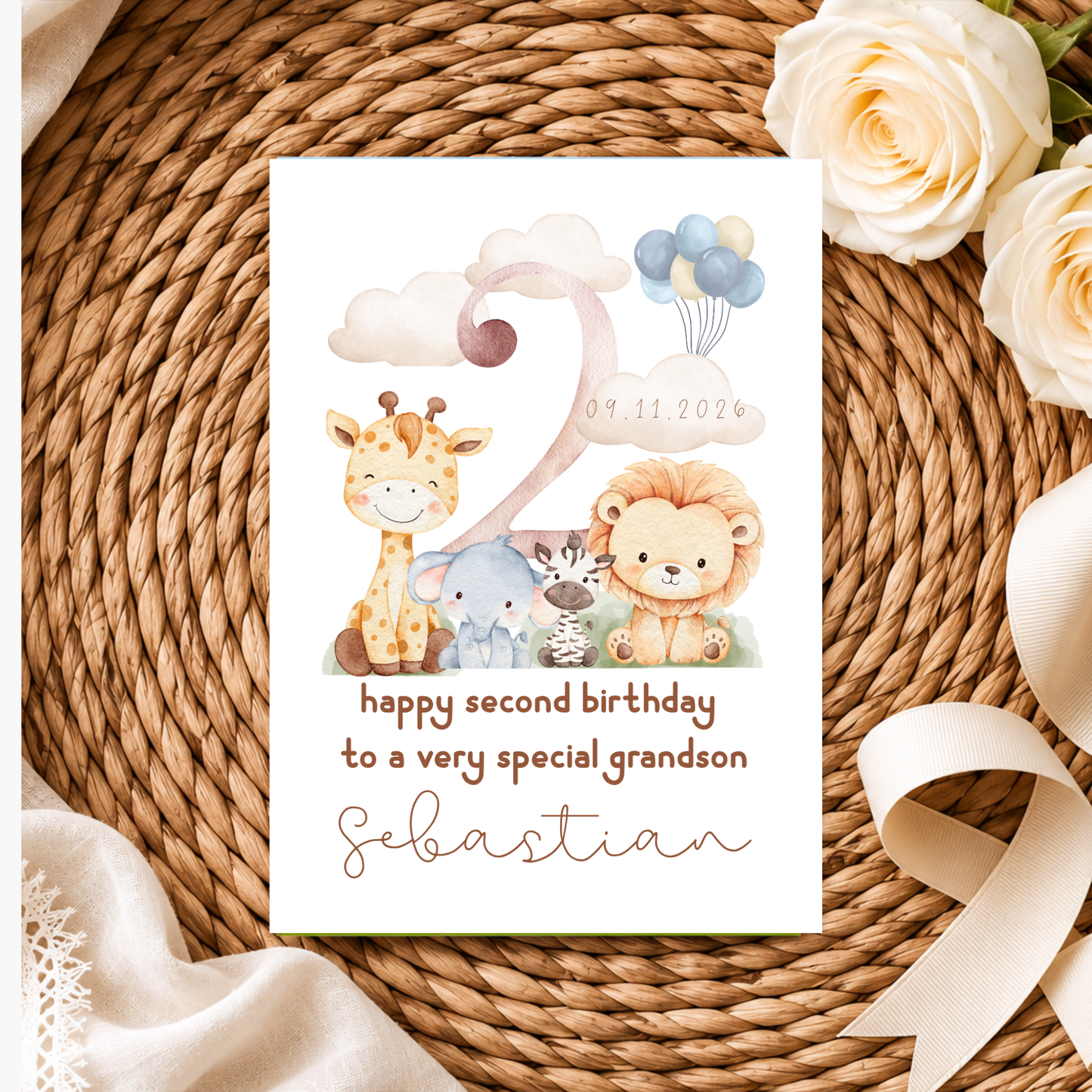 Personalized Safari Second Birthday Card for Grandson, Keepsake Card (Optional Gold Foil)