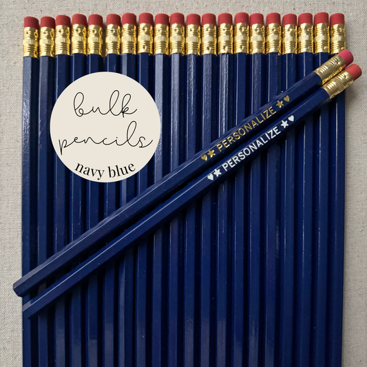 Navy blue bulk personalized pencils flat lay in a box with custom text hand-pressed made in the USA for schools events and corporate orders
