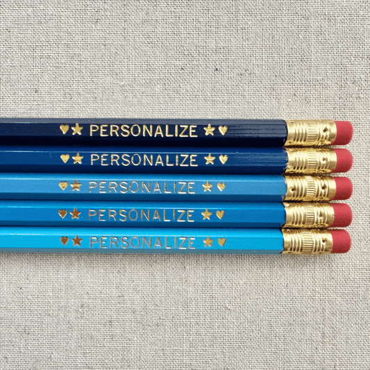 Personalized ombre dark blue pencil set flat lay with custom text hand-pressed made in the USA back to school gift for kids
