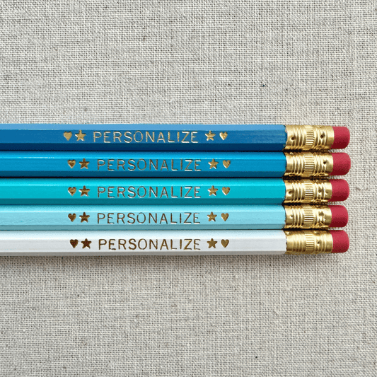 Personalized ombre light blue pencil set flat lay with custom text hand-pressed made in the USA back to school gift for kids