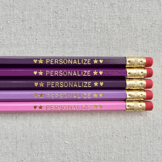 Personalized ombre purple pencil set flat lay with custom text hand-pressed made in the USA gift for girls