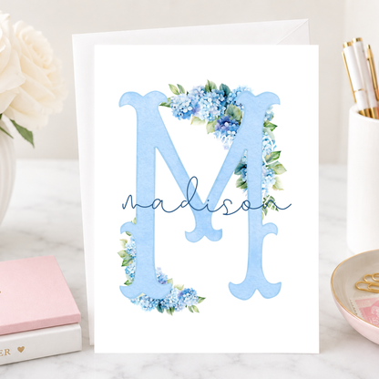 Personalized Floral M Monogram Card, Blue Hydrangea Letter Stationery (Optional Gold Foil)