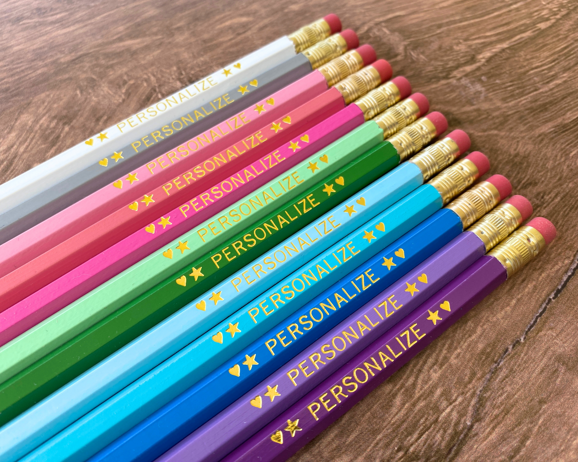 Set of 12 personalized enchanted orchid purple pencil set flat lay with custom text hand-pressed made in the USA bulk gift for classrooms