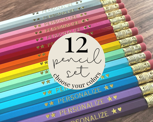 Set of 12 personalized pencils flat lay with custom text hand-pressed made in the USA bulk gift for classrooms schools and events