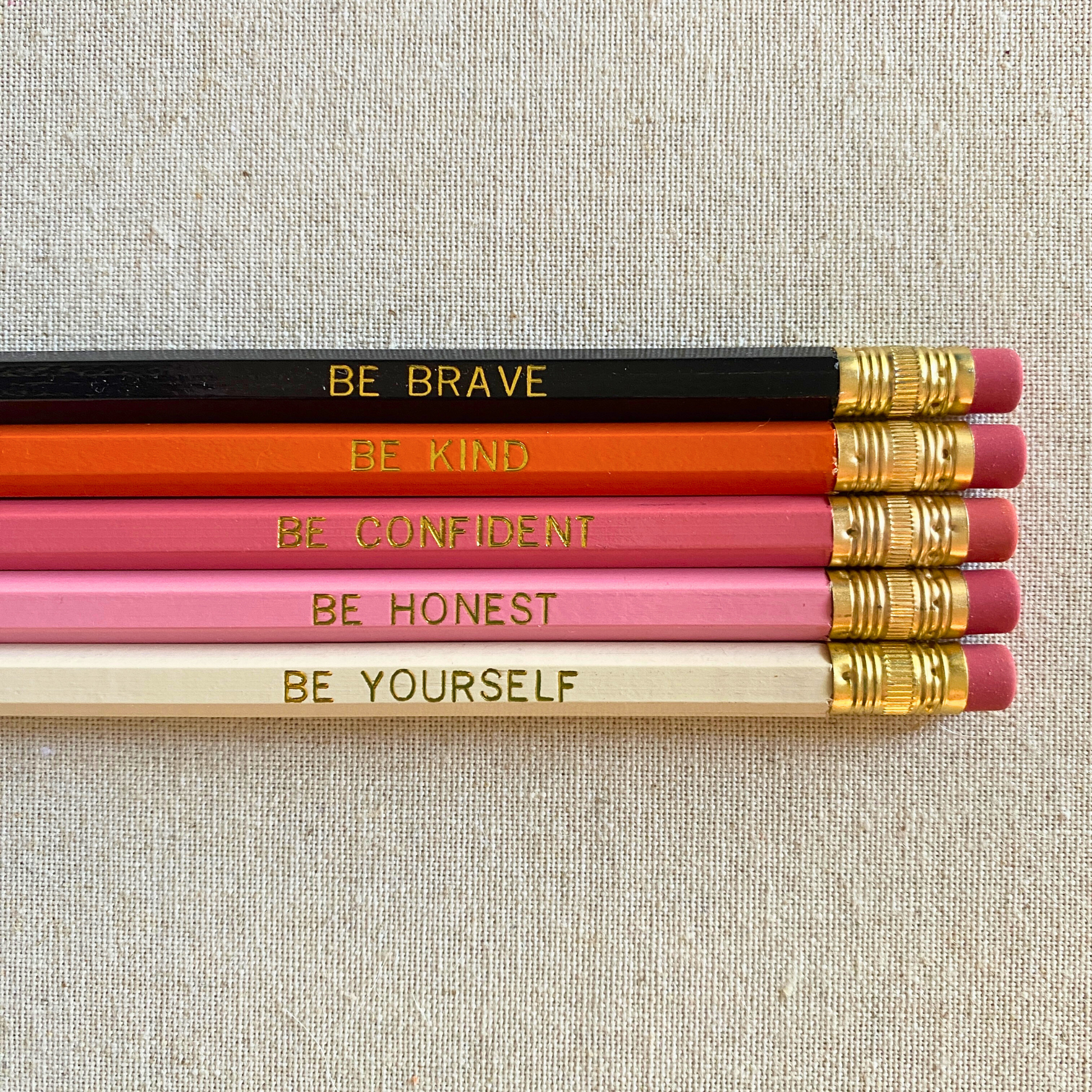 Set of 5 motivational personalized black and pink pencil set flat lay with custom text hand-pressed made in the USA gift for girls
