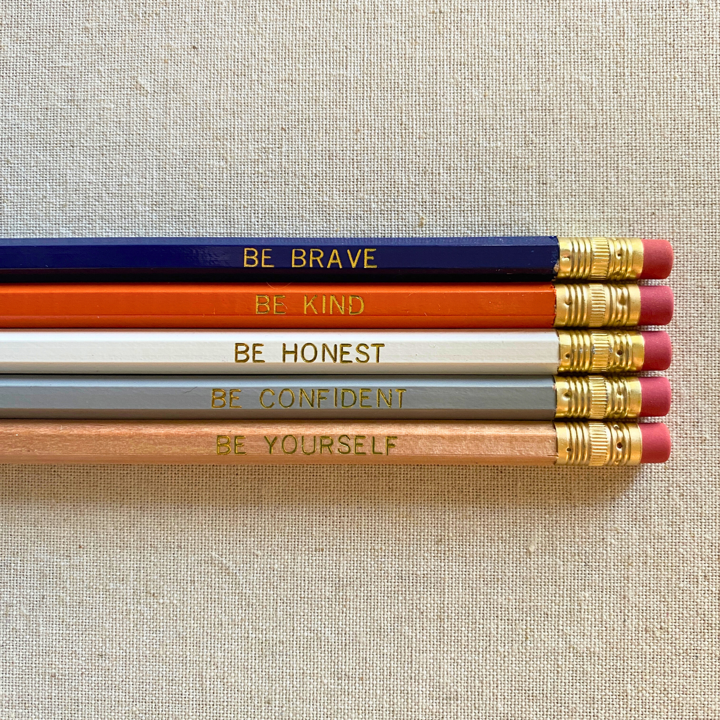 Set of 5 motivational personalized navy and orange pencil set flat lay with custom text hand-pressed made in the USA back to school gift for boys