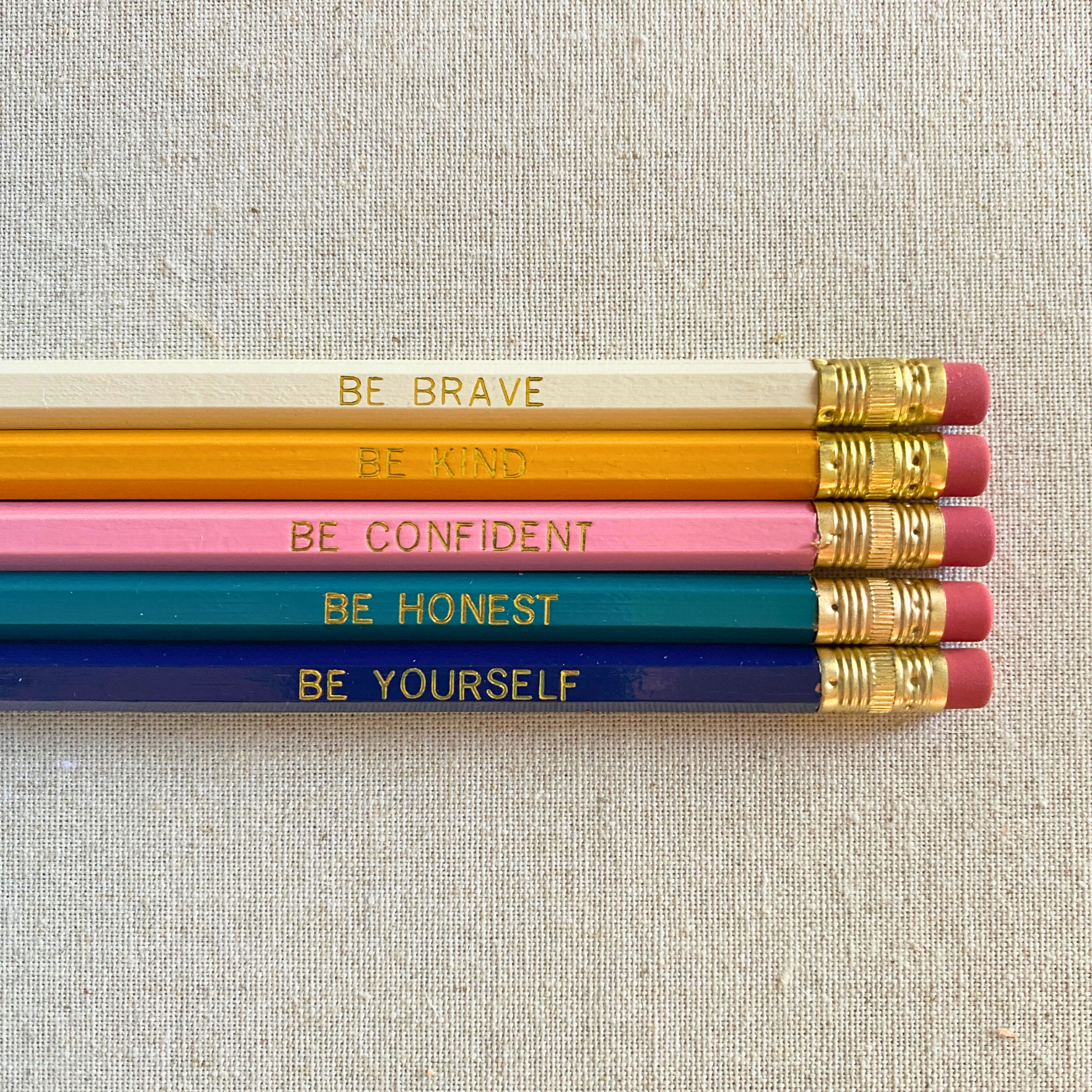 Set of 5 motivational personalized navy and pink pencil set flat lay with custom text hand-pressed made in the USA teacher appreciation gift