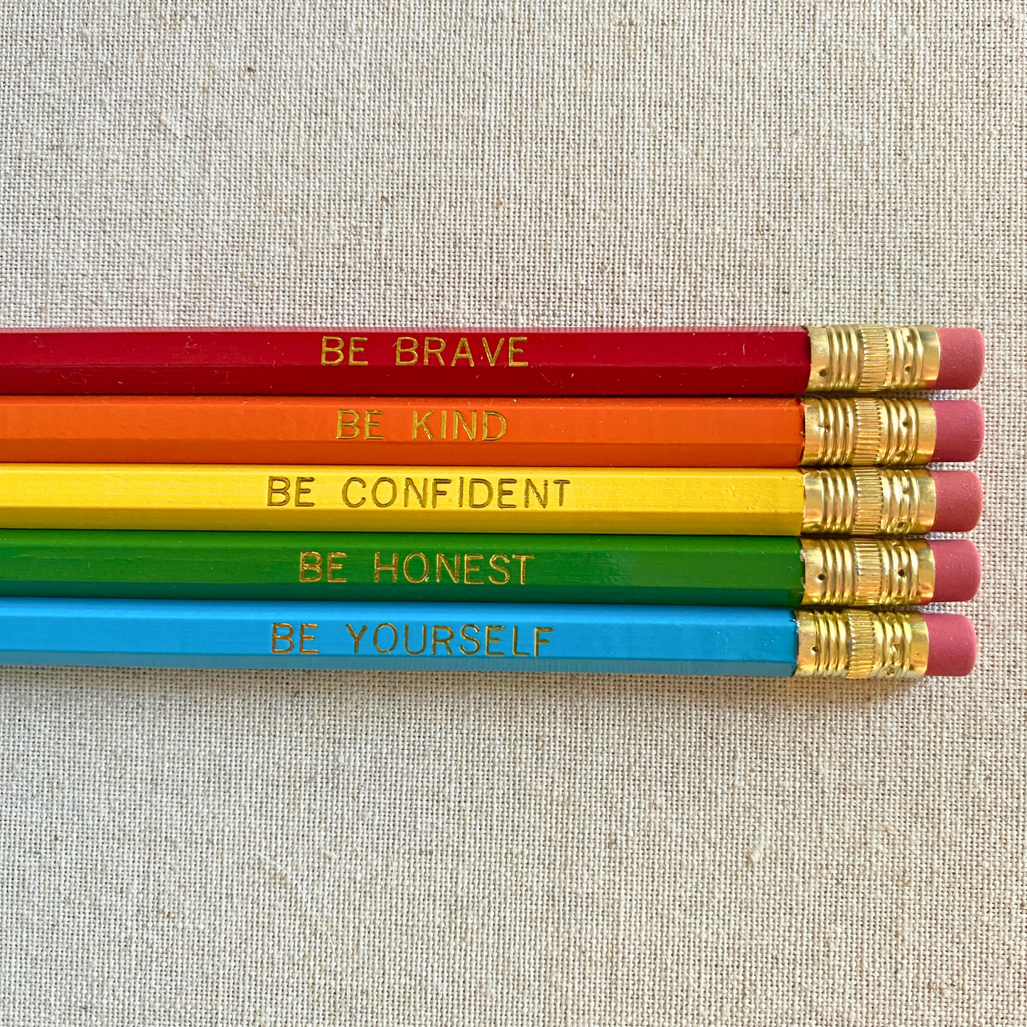 Set of 5 motivational personalized rainbow pencil set flat lay with custom text hand-pressed made in the USA stocking stuffer for kids