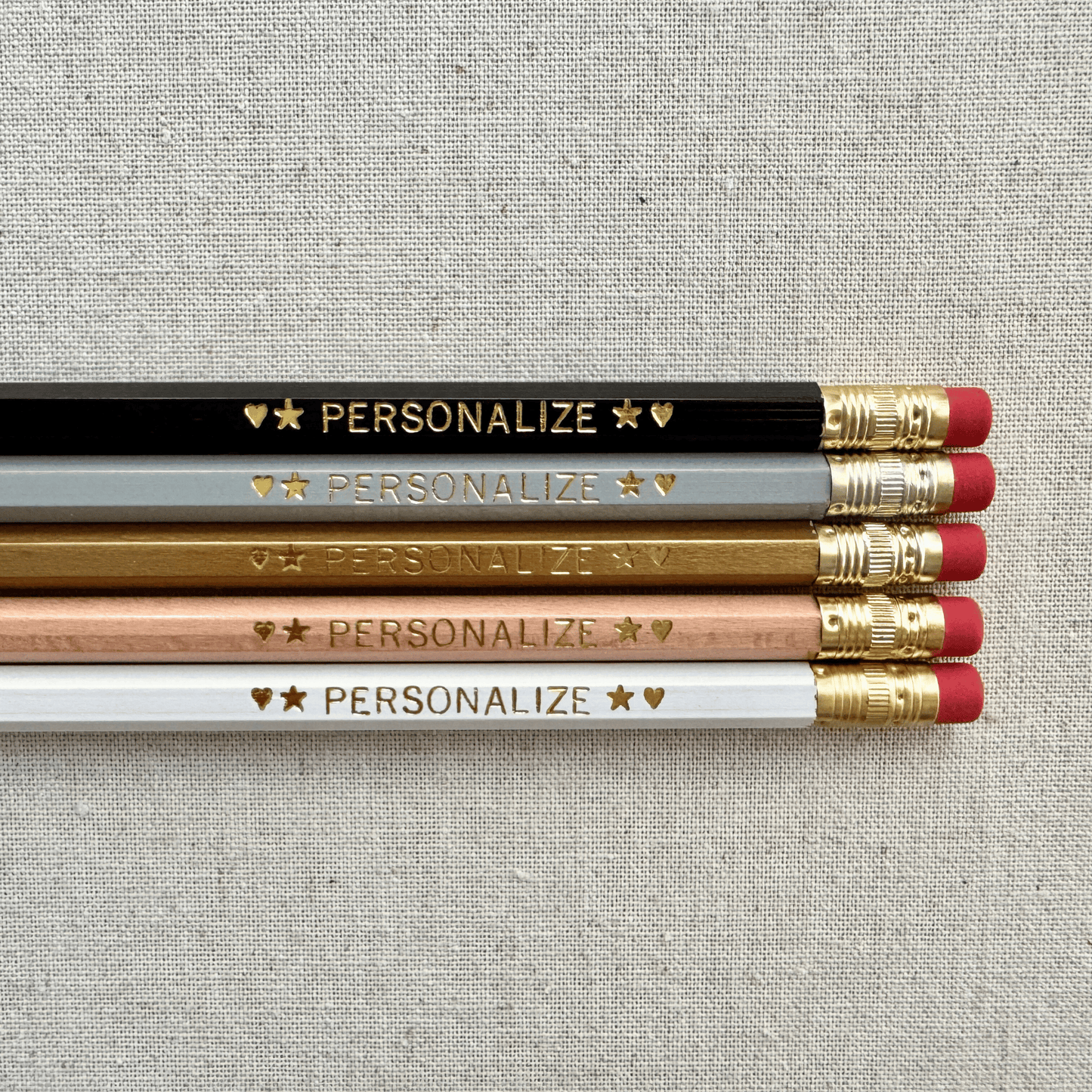 Set of 5 personalized art deco luxe pencil set flat lay with custom text hand-pressed made in the USA gift for teachers
