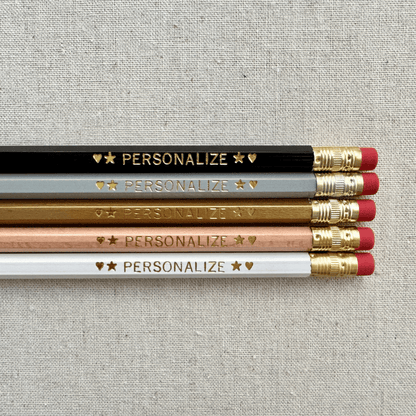 Set of 5 personalized art deco luxe pencil set flat lay with custom text hand-pressed made in the USA gift for teachers
