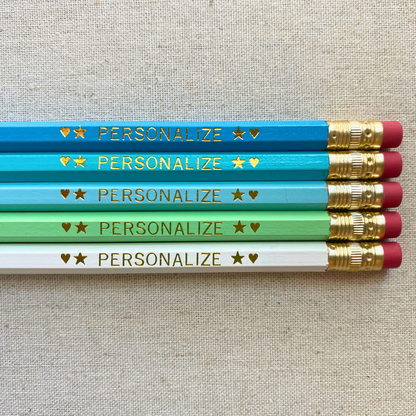 Set of 5 personalized blue lagoon pencil set flat lay with custom text hand-pressed made in the USA back to school gift for boys