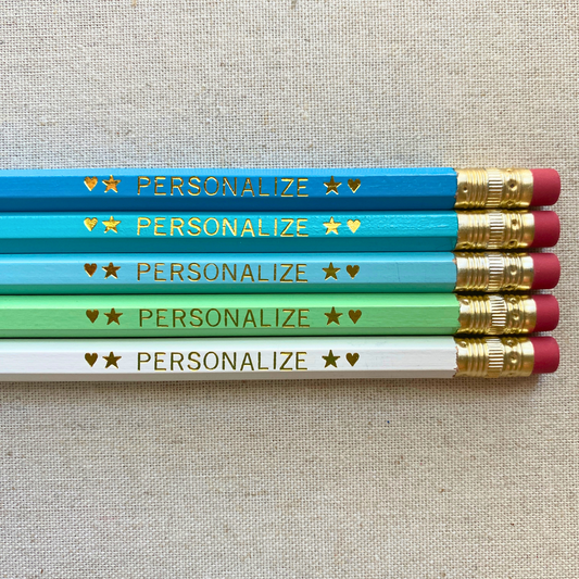 Set of 5 personalized blue lagoon pencil set flat lay with custom text hand-pressed made in the USA back to school gift for boys