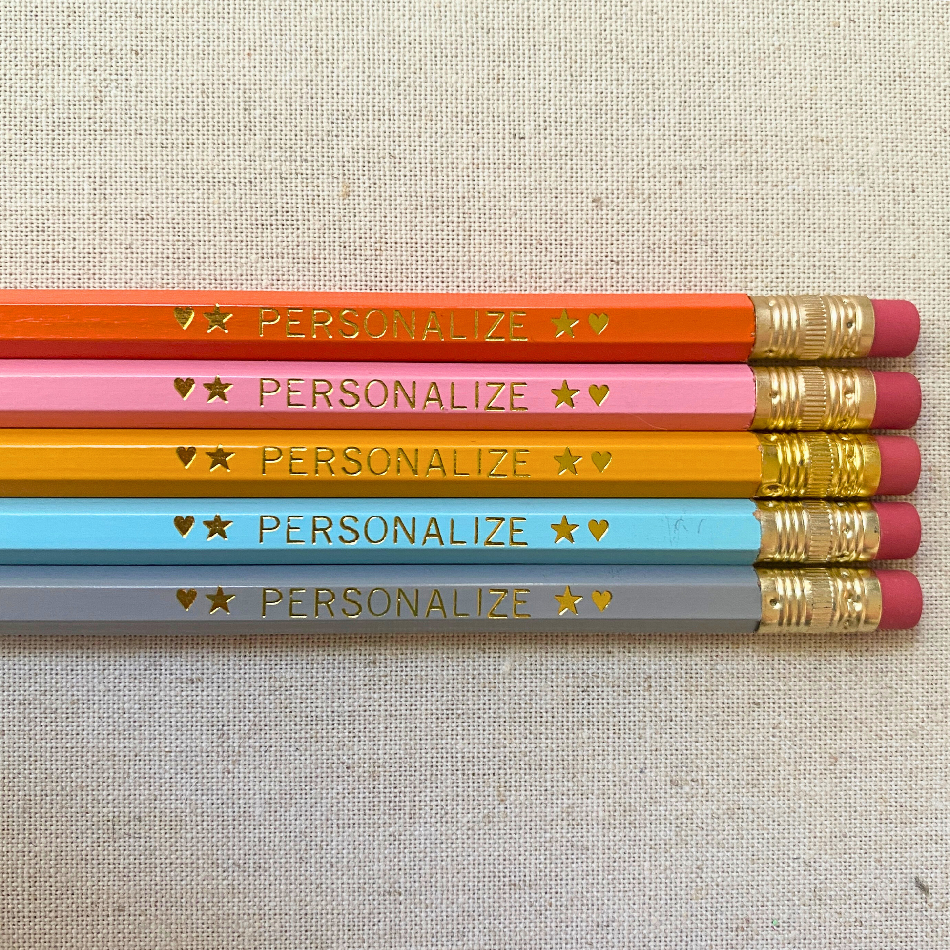 Set of 5 personalized boho vibes pencil set flat lay with custom text hand-pressed made in the USA teacher appreciation gift