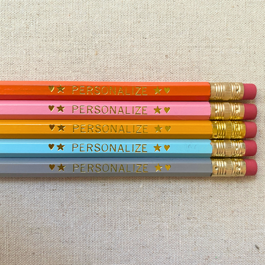 Set of 5 personalized boho vibes pencil set flat lay with custom text hand-pressed made in the USA teacher appreciation gift