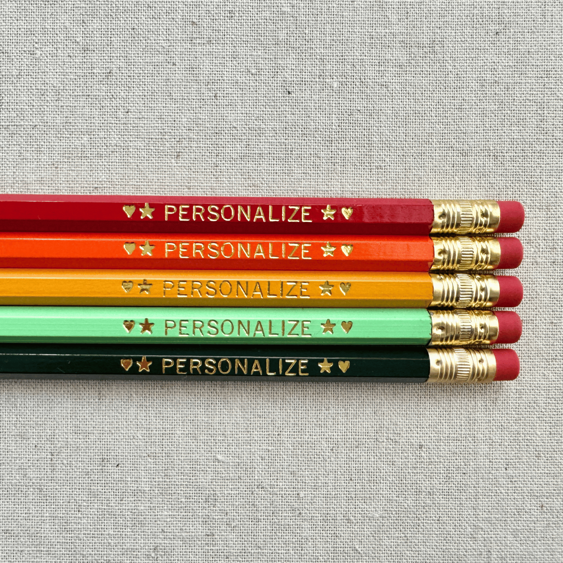 Set of 5 personalized citrus glaze yellow pencil set flat lay with custom text hand-pressed made in the USA back to school gift