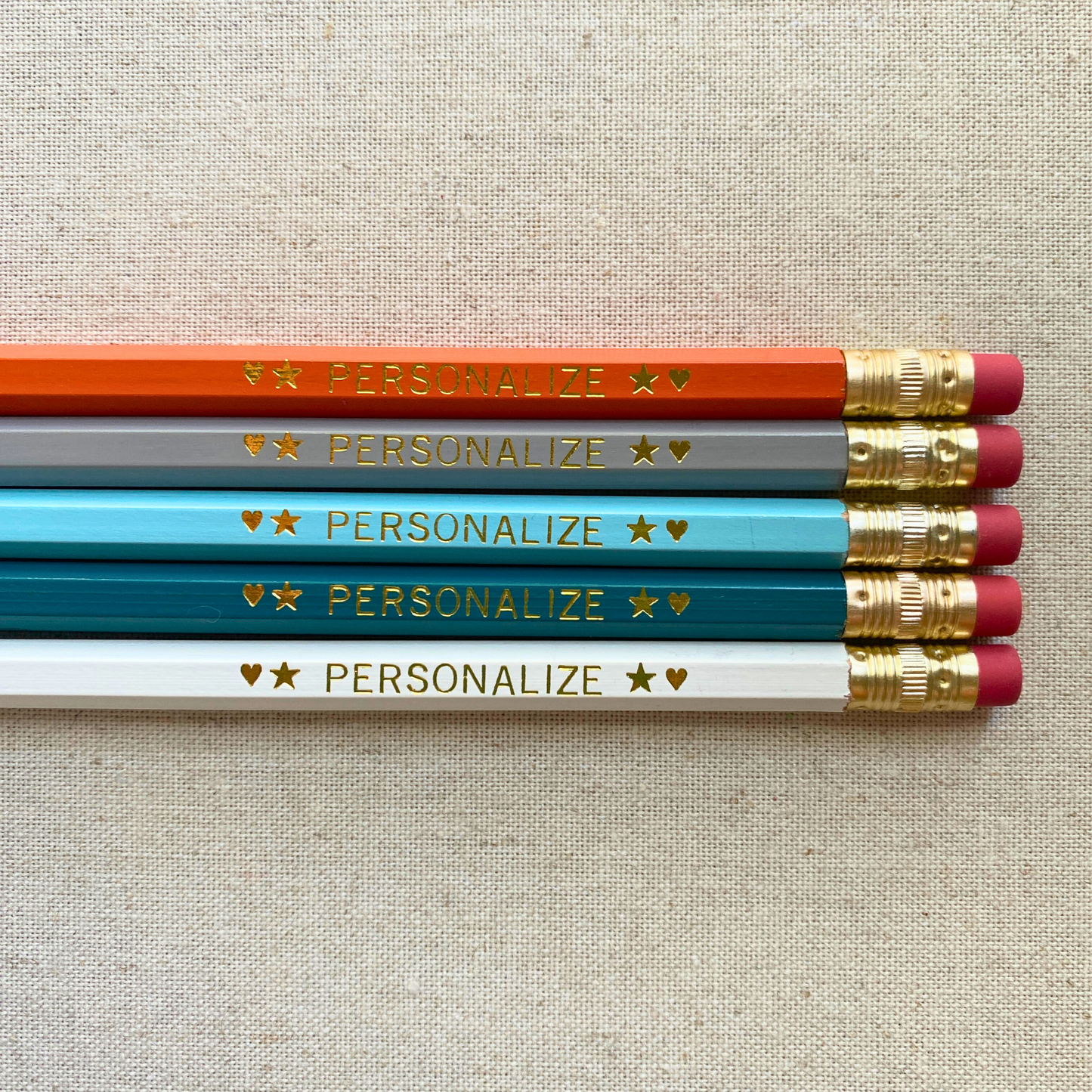 Set of 5 personalized city zen pencil set flat lay with custom text hand-pressed made in the USA corporate gift