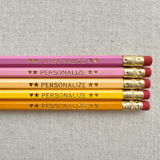 Set of 5 personalized dreamsicle orange pencil set flat lay with custom text hand-pressed made in the USA stocking stuffer for kids