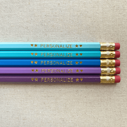 Set of 5 personalized dreamy waters blue pencil set flat lay with custom text hand-pressed made in the USA gift for kids