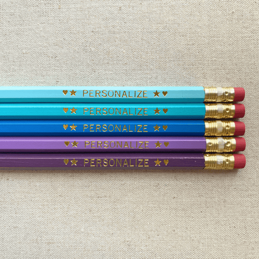 Set of 5 personalized dreamy waters blue pencil set flat lay with custom text hand-pressed made in the USA gift for kids