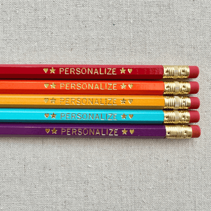Set of 5 personalized fruity breeze pencil set flat lay with custom text hand-pressed made in the USA stocking stuffer for kids