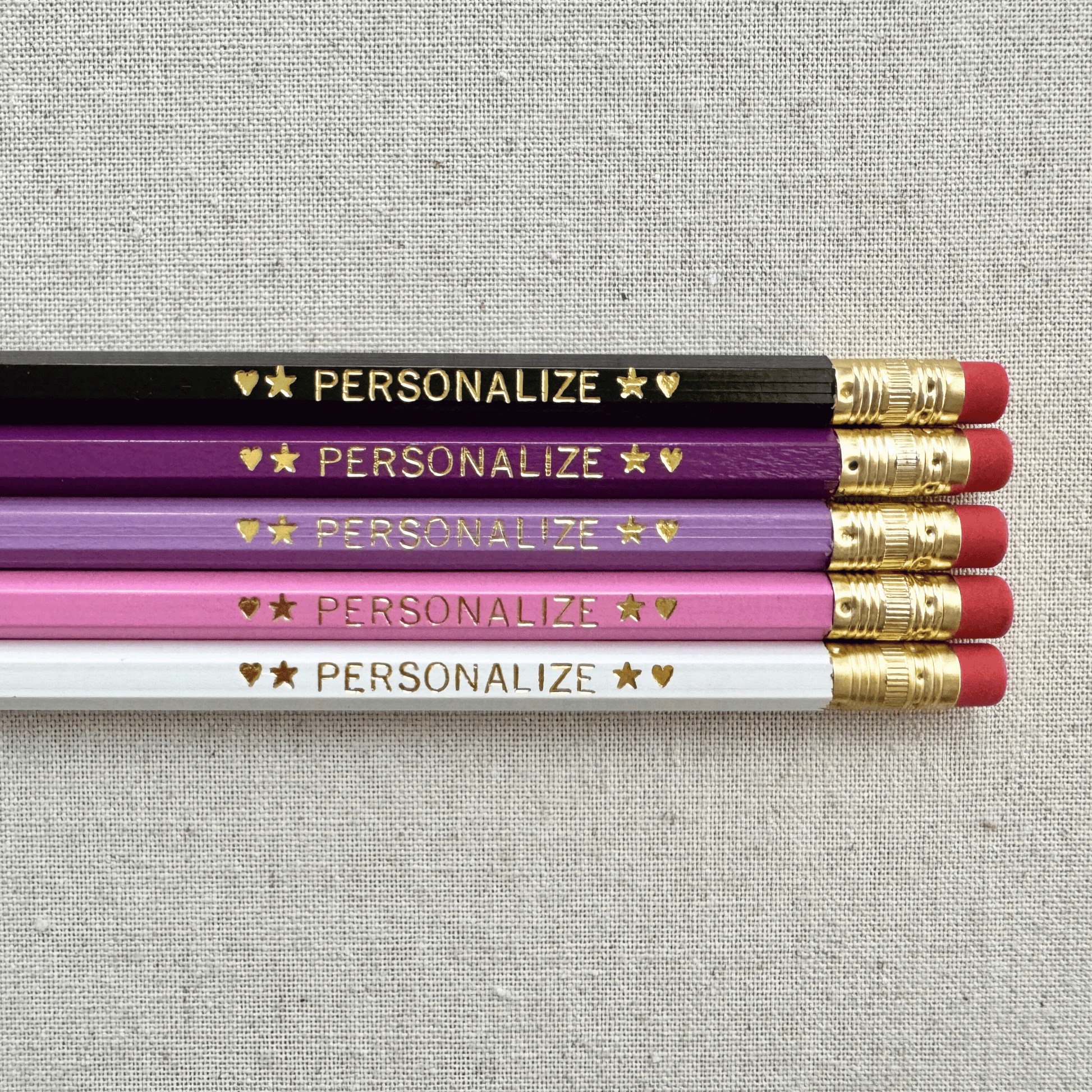 Set of 5 personalized grape vine purple pencil set flat lay with custom text hand-pressed made in the USA gift for girls