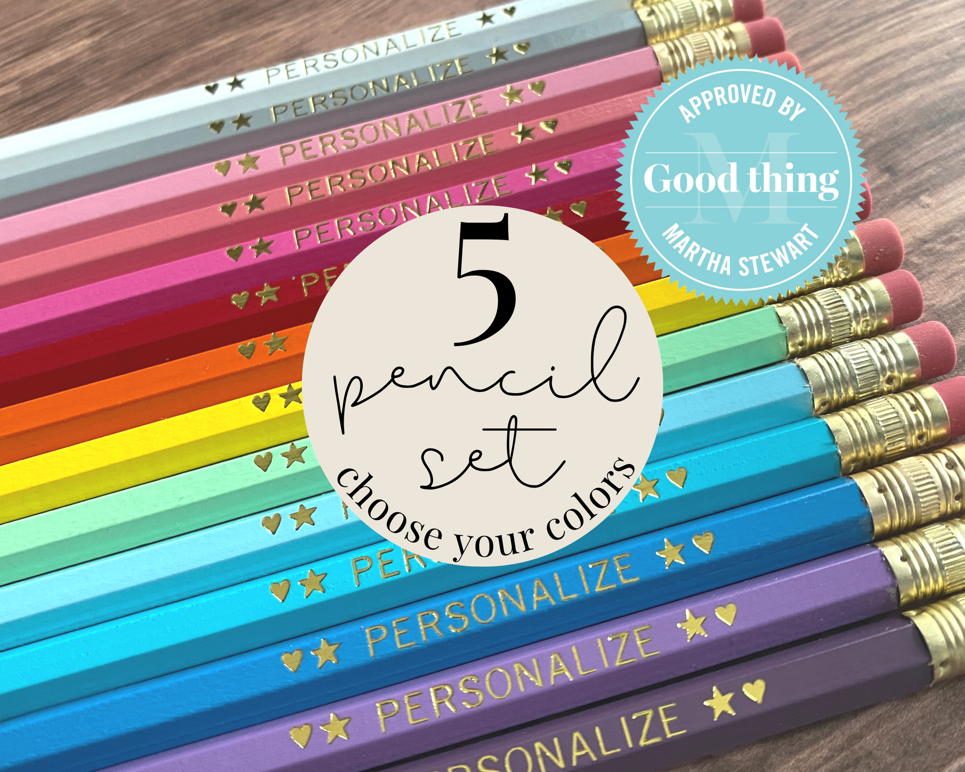 Set of 5 personalized pencils flat lay with custom text hand-pressed made in the USA gift for kids teachers and back to school