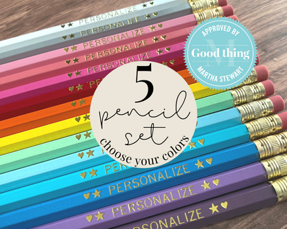 Set of 5 personalized pencils flat lay with custom text hand-pressed made in the USA gift for kids teachers and back to school