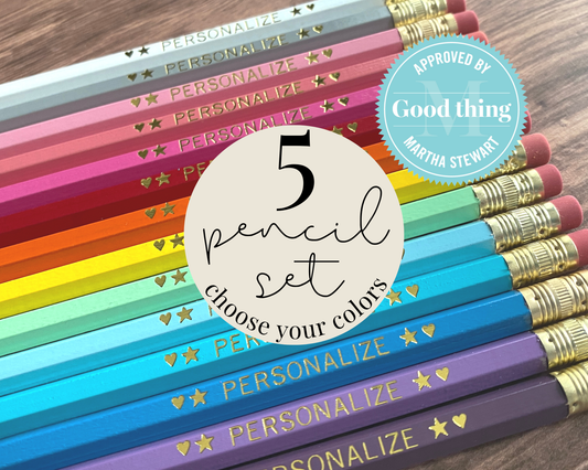 Set of 5 personalized pencils flat lay with custom text hand-pressed made in the USA gift for kids teachers and back to school
