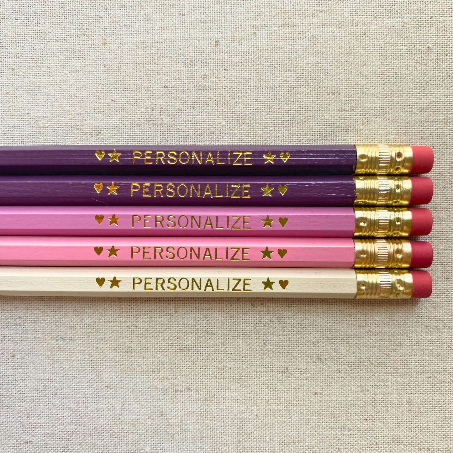 Set of 5 personalized peony pink pencil set flat lay with custom text hand-pressed made in the USA gift for girls