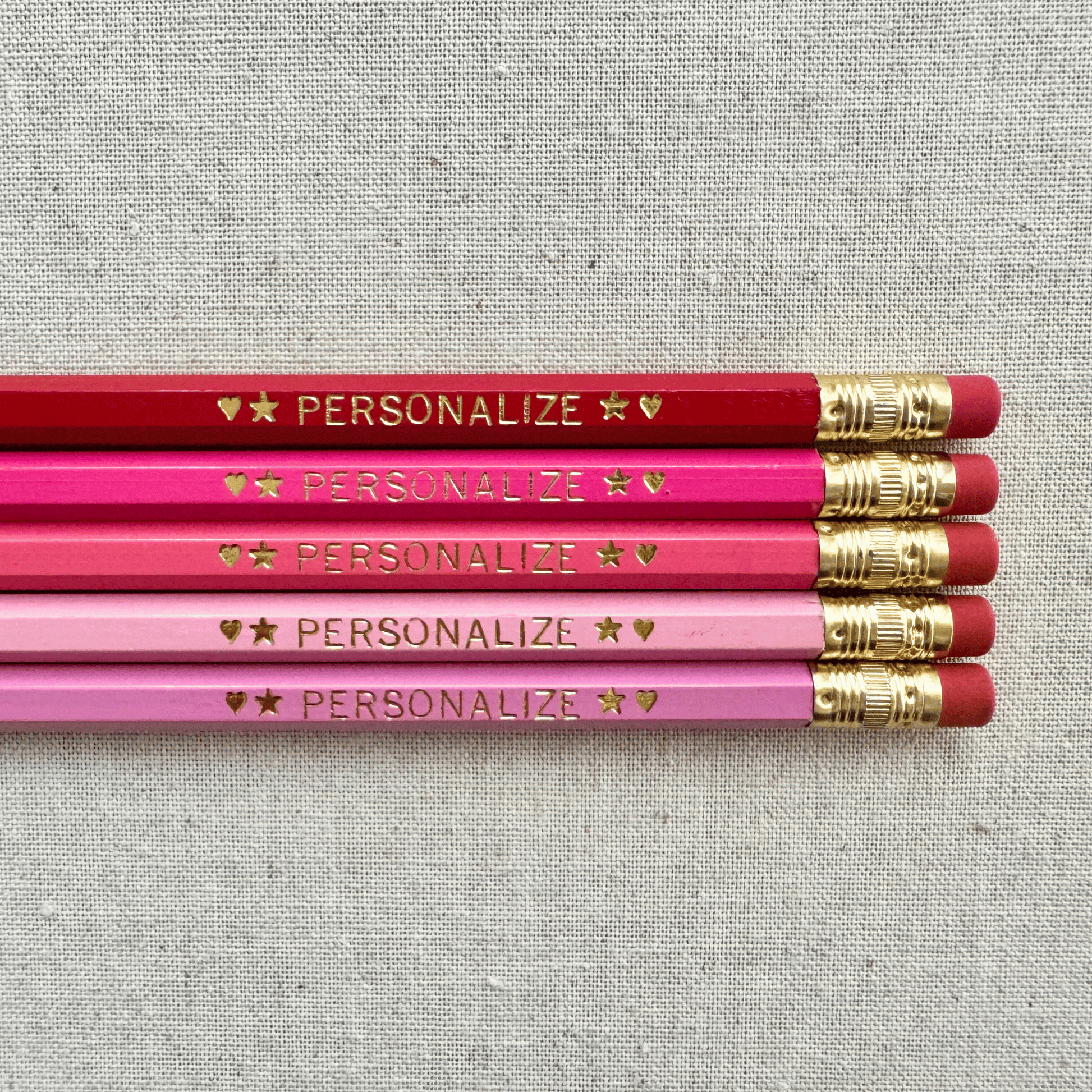 Set of 5 personalized petal dance pink pencil set flat lay with custom text hand-pressed made in the USA teacher appreciation gift