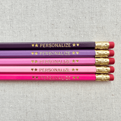 Set of 5 personalized pink fairy blossom pencil set flat lay with custom text hand-pressed made in the USA gift for girls