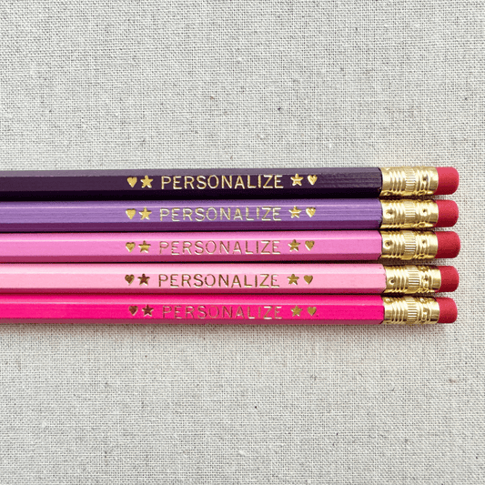 Set of 5 personalized pink fairy blossom pencil set flat lay with custom text hand-pressed made in the USA gift for girls