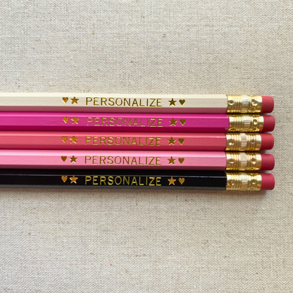 Set of 5 personalized pink infusion pencil set flat lay with custom text hand-pressed made in the USA gift for girls