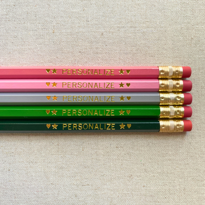 Set of 5 personalized secret garden green pencil set flat lay with custom text hand-pressed made in the USA gift for girls