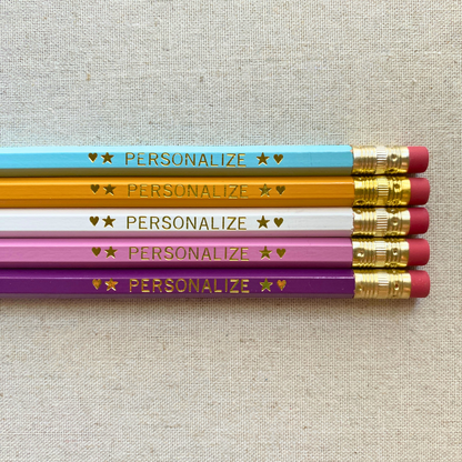 Set of 5 personalized serene citrine yellow pencil set flat lay with custom text hand-pressed made in the USA teacher appreciation gift