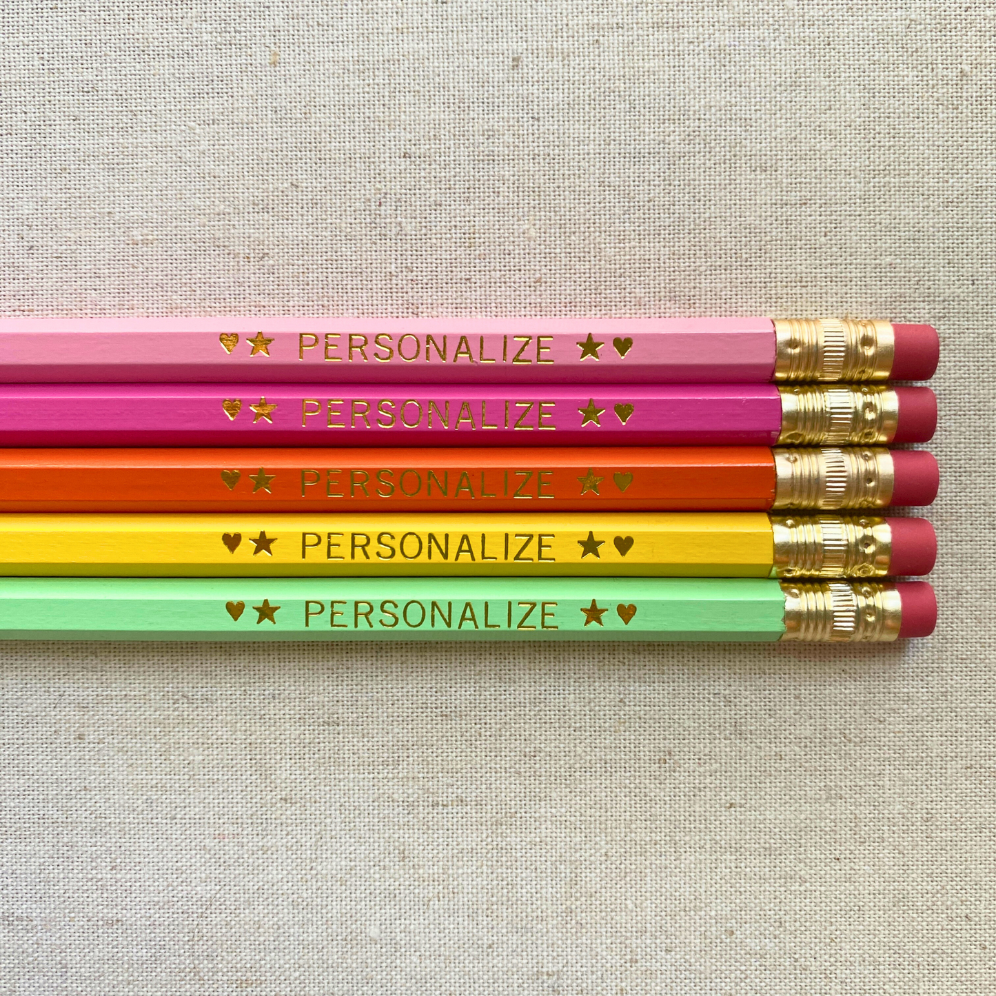Set of 5 personalized spring sorbet pastel pencil set flat lay with custom text hand-pressed made in the USA back to school gift