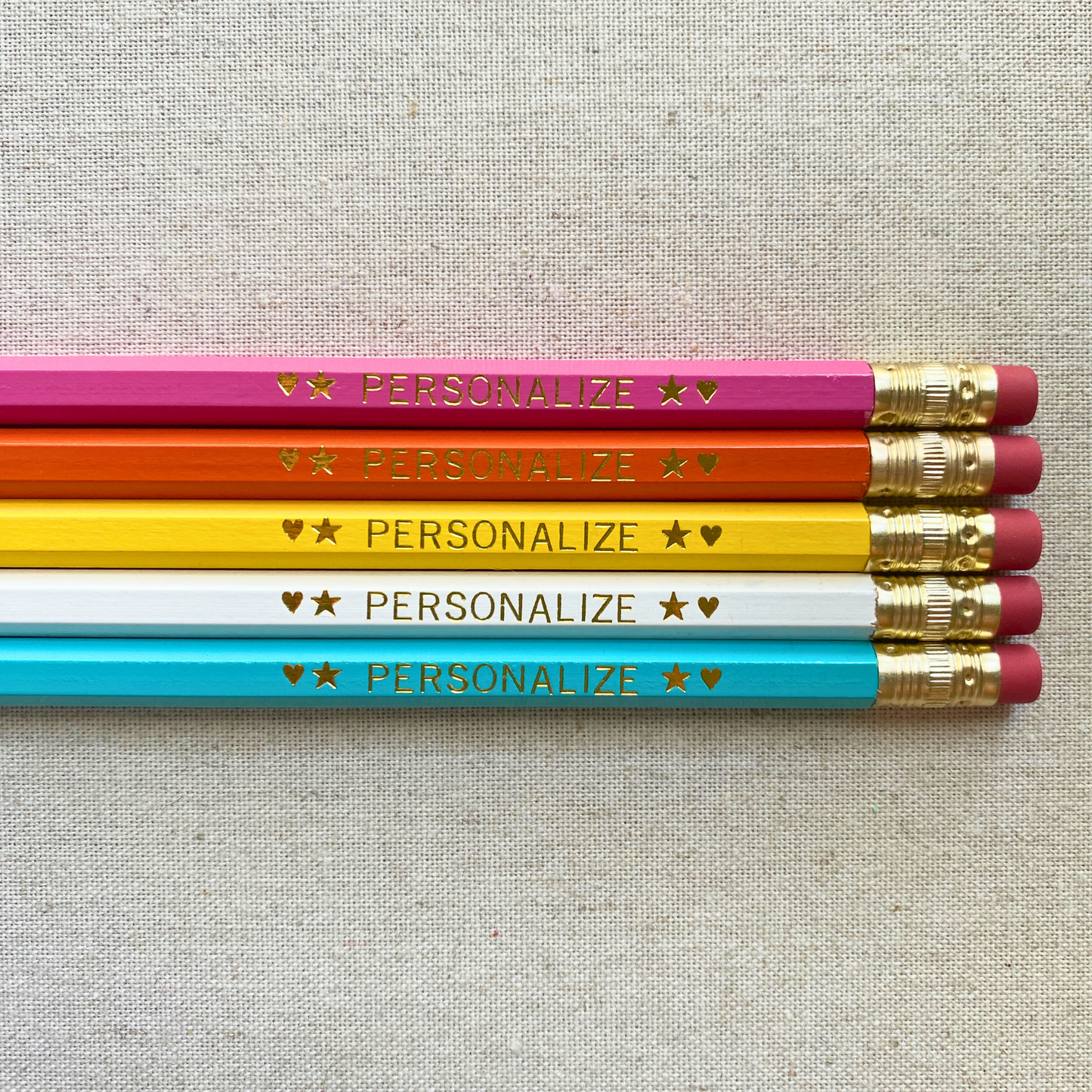 Set of 5 personalized sunny delight yellow pencil set flat lay with custom text hand-pressed made in the USA back to school gift for kids