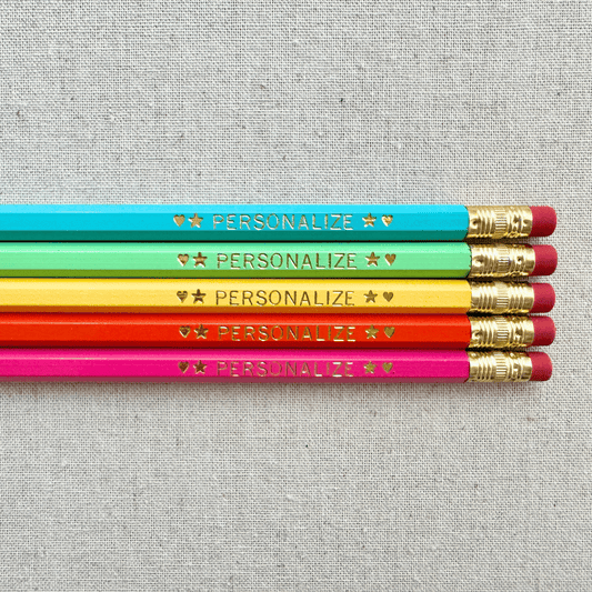 Set of 5 personalized sunset carnival pencil set flat lay with custom text hand-pressed made in the USA stocking stuffer gift for kids