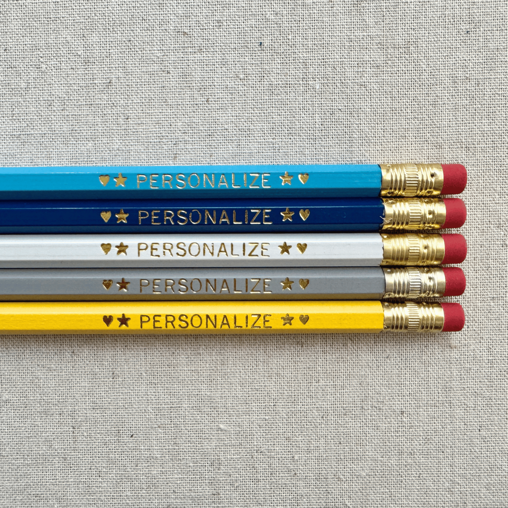 Set of 5 personalized surfs up blue pencil set flat lay with custom text hand-pressed made in the USA back to school gift for boys
