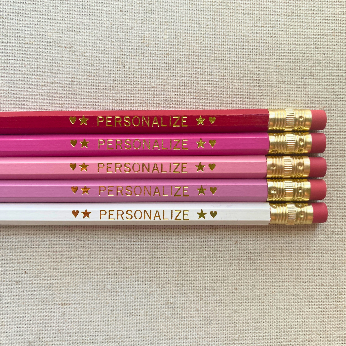 Set of 5 personalized sweet love shades pink pencil set flat lay with custom text hand-pressed made in the USA gift for girls