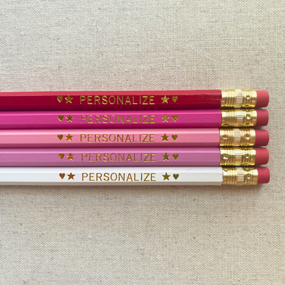 Set of 5 personalized sweet love shades pink pencil set flat lay with custom text hand-pressed made in the USA gift for girls