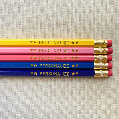 Set of 5 personalized tropical sunrise pencil set flat lay with custom text hand-pressed made in the USA stocking stuffer for kids
