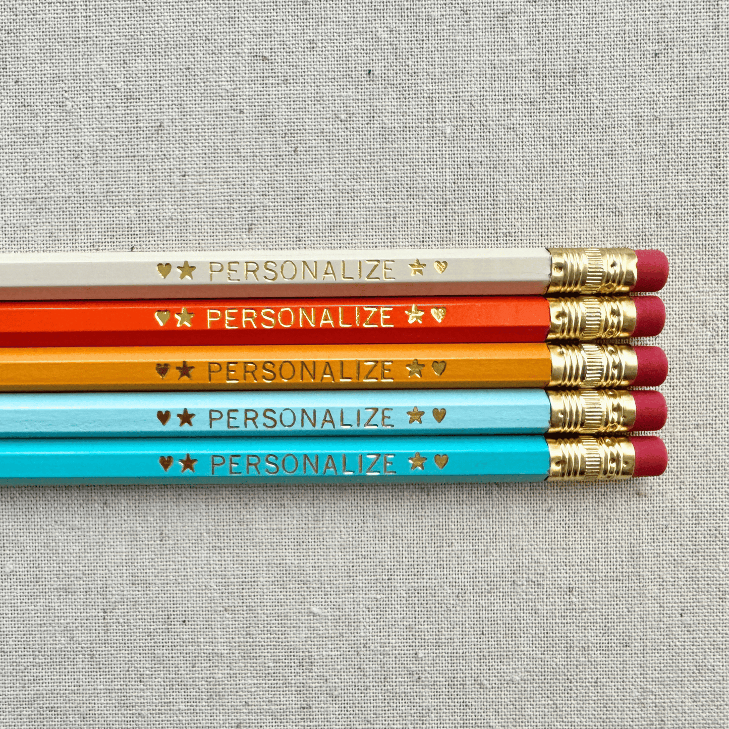 Set of 5 personalized tropical waves pencil set flat lay with custom text hand-pressed made in the USA stocking stuffer for kids