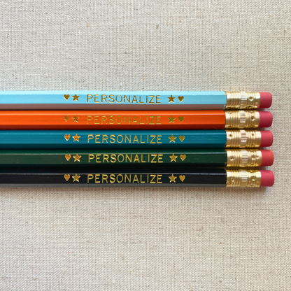 Set of 5 personalized urban edge pencil set flat lay with custom text hand-pressed made in the USA corporate gift.