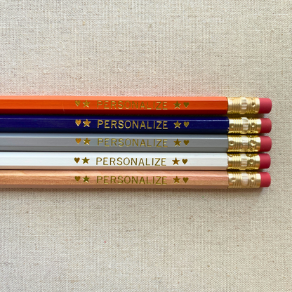 Set of 5 personalized urban rustic pencil set flat lay with custom text hand-pressed made in the USA corporate gift