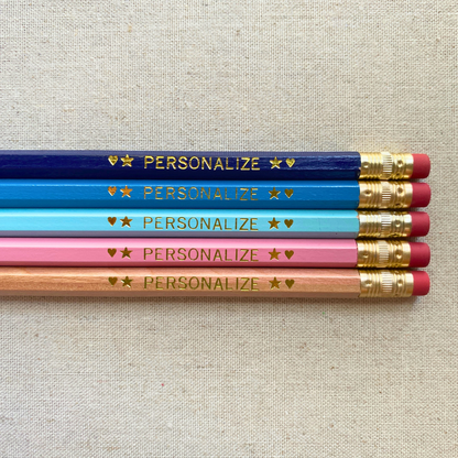 Set of 5 personalized woodland blues pencil set flat lay with custom text hand-pressed made in the USA back to school gift